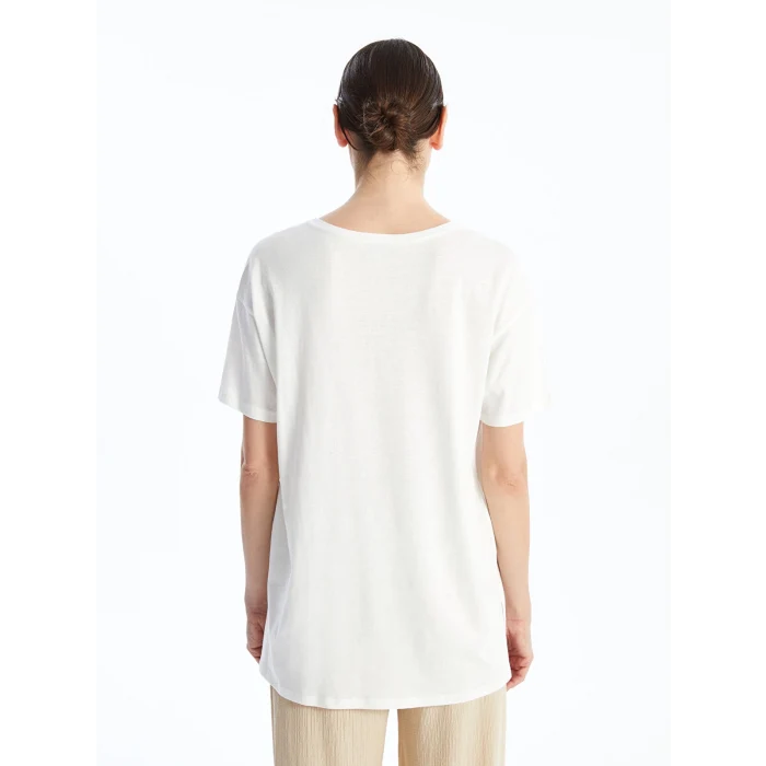 LCWAIKIKI Classic Ekru Bisiklet Yaka Baskılı Kadın Tişört