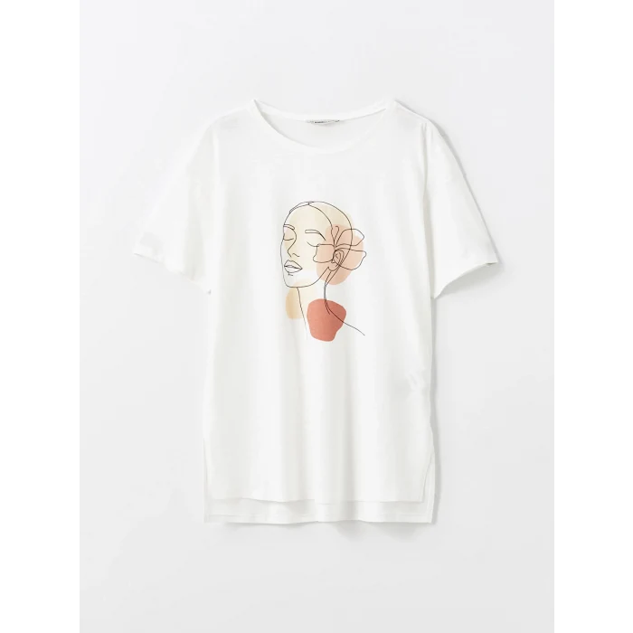 LCWAIKIKI Classic Ekru Bisiklet Yaka Baskılı Kadın Tişört