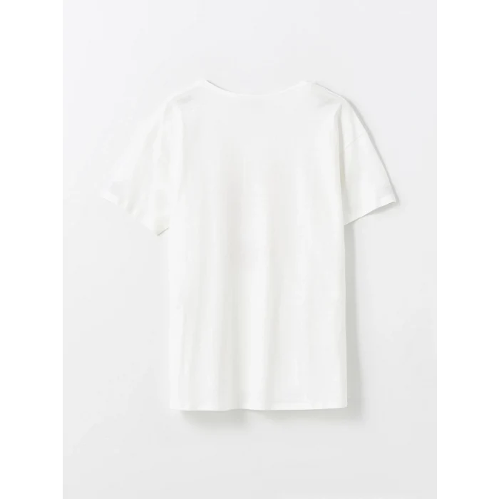 LCWAIKIKI Classic Ekru Bisiklet Yaka Baskılı Kadın Tişört