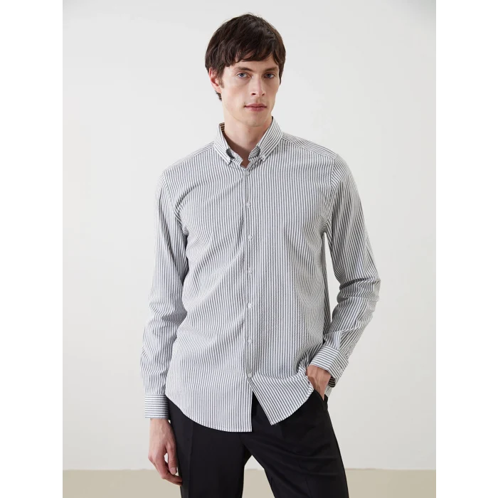 LCW Vision Haki Regular Fit Uzun Kollu Çizgili Erkek Gömlek