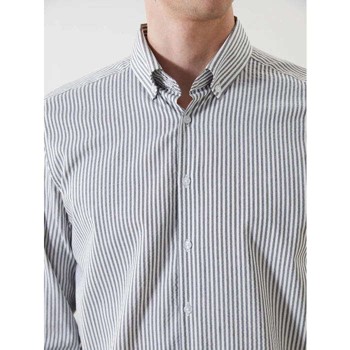 LCW Vision Haki Regular Fit Uzun Kollu Çizgili Erkek Gömlek