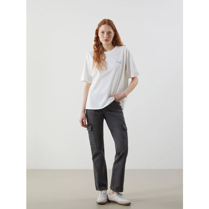 LCW Vision Ekru Bisiklet Yaka Baskılı Oversize Kadın Tişört