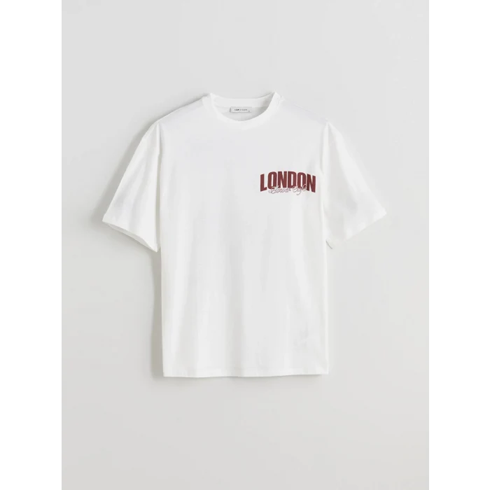 LCW Vision Ekru Bisiklet Yaka London Baskılı Oversize Kadın Tişört