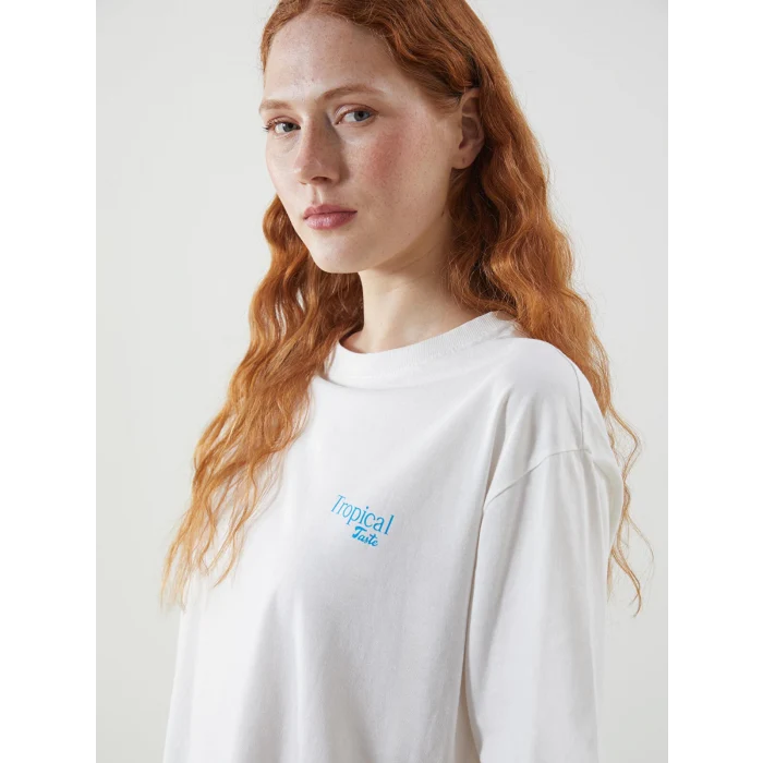 LCW Vision Ekru Bisiklet Yaka Baskılı Oversize Kadın Tişört