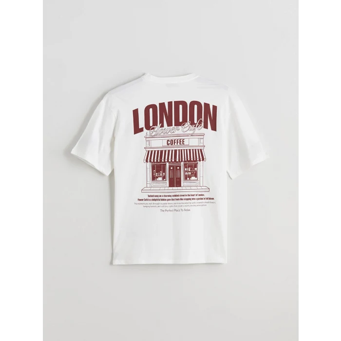 LCW Vision Ekru Bisiklet Yaka London Baskılı Oversize Kadın Tişört