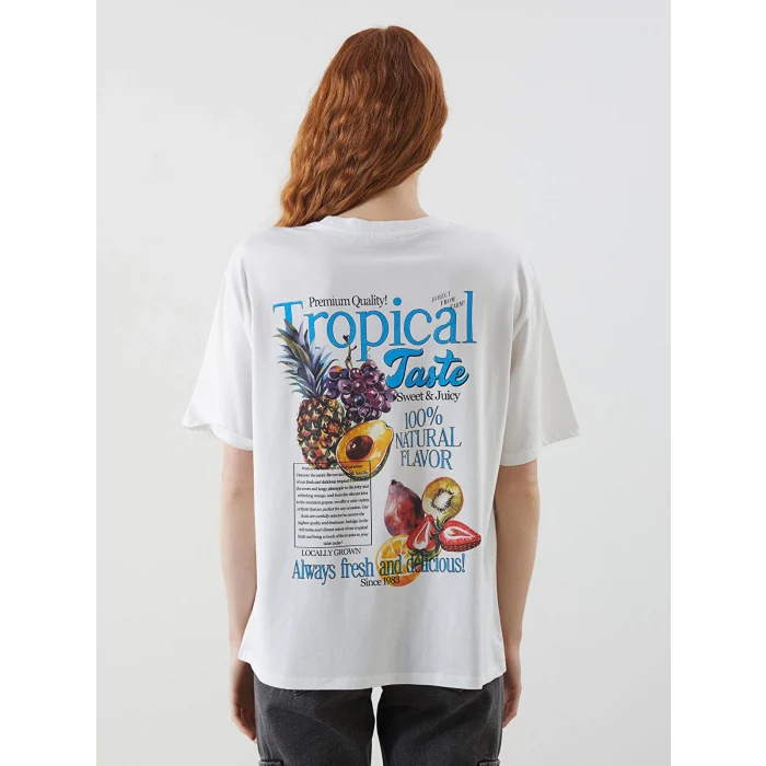 LCW Vision Ekru Bisiklet Yaka Baskılı Oversize Kadın Tişört