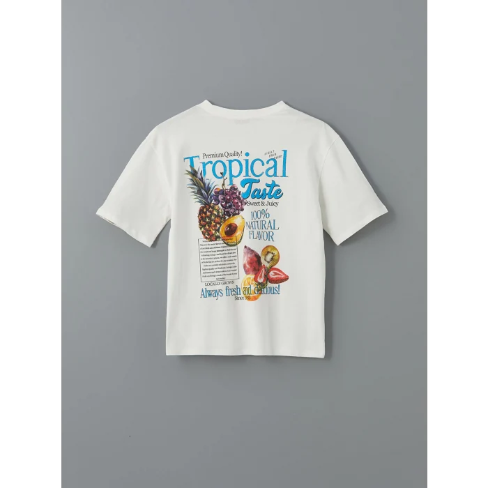 LCW Vision Ekru Bisiklet Yaka Baskılı Oversize Kadın Tişört