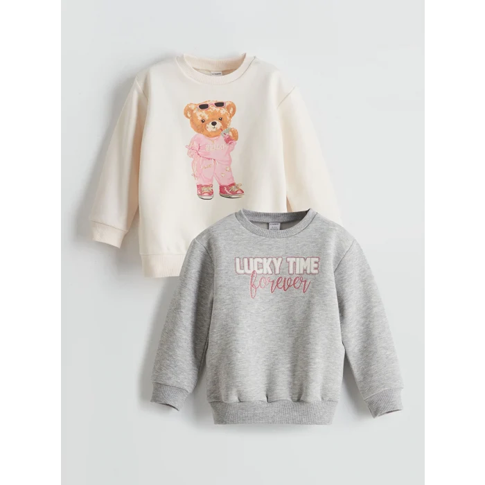 LCW Kids Ekru Ayı Teddy Baskılı Kız Çocuk Kalın Sweatshirt 2li