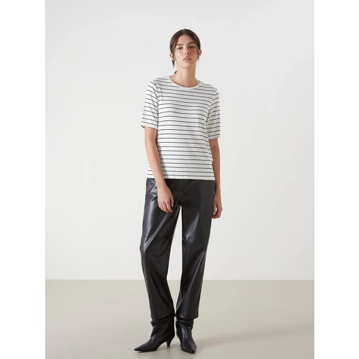 LCWAIKIKI Classic Beyaz Bisiklet Yaka Çizgili Kadın Tişört