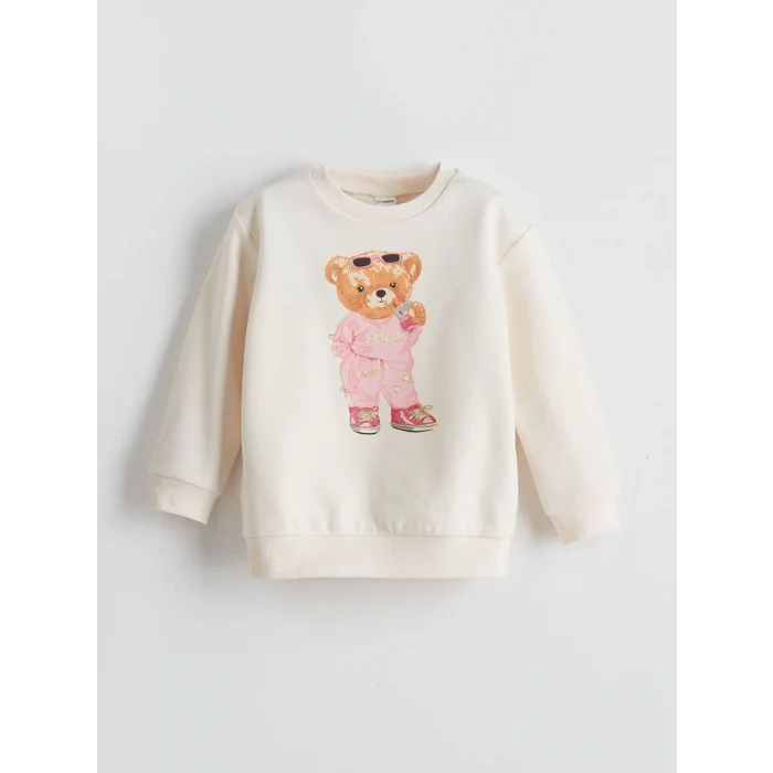 LCW Kids Ekru Ayı Teddy Baskılı Kız Çocuk Kalın Sweatshirt 2li
