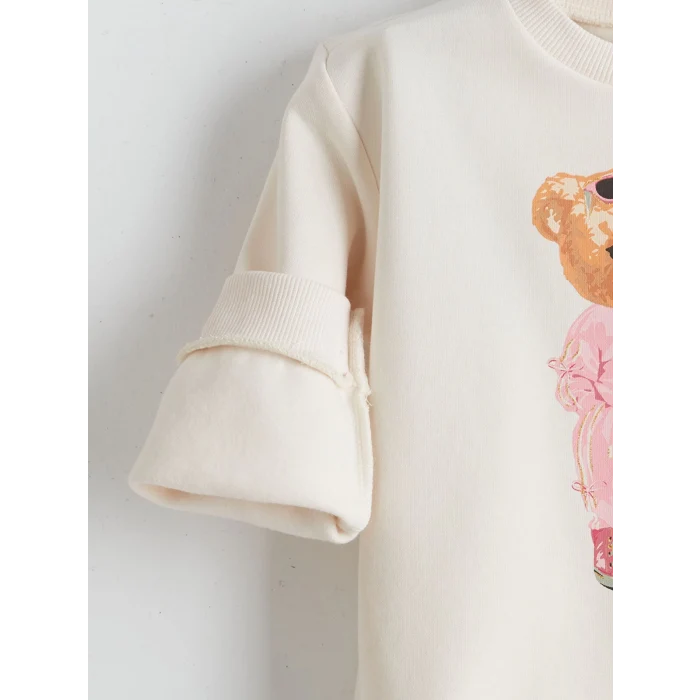 LCW Kids Ekru Ayı Teddy Baskılı Kız Çocuk Kalın Sweatshirt 2li
