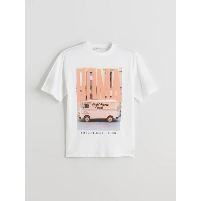 LCW Vision Ekru Bisiklet Yaka Roma Baskılı Oversize Kadın Tişört