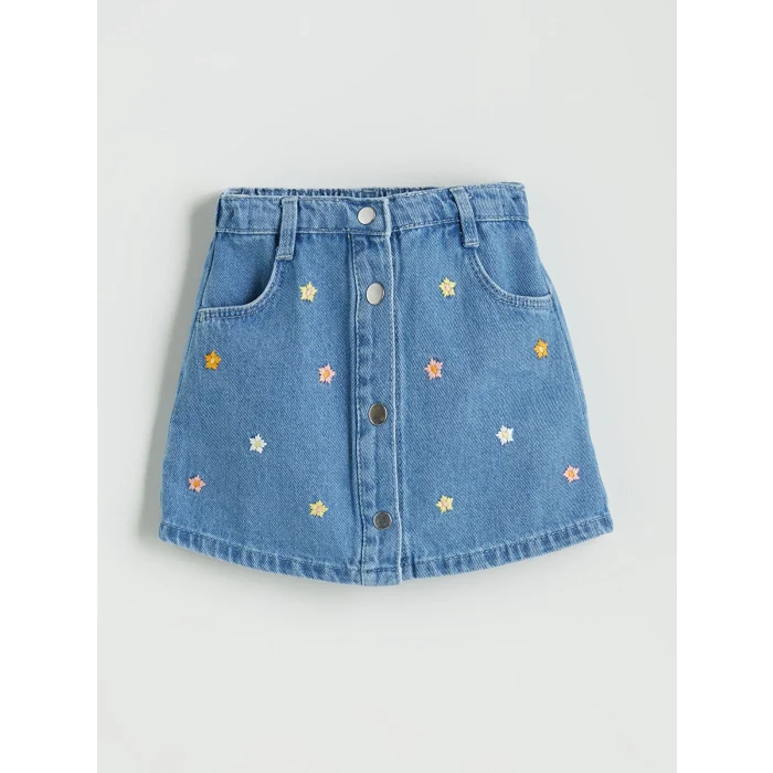 LCW Kids Indigo Beli Lastikli Nakışlı Kız Çocuk Jean Etek