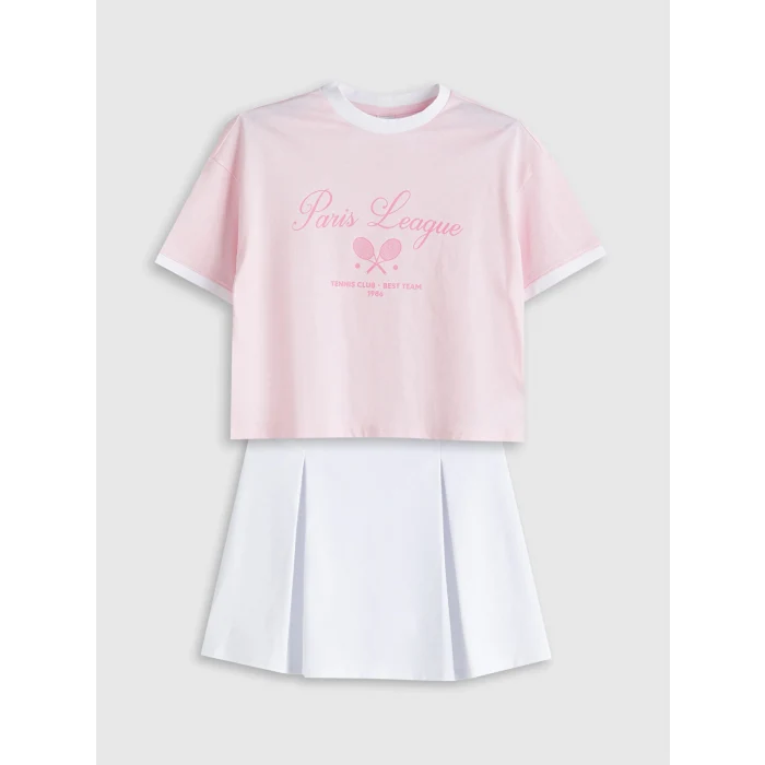 LCW Kids Pembe Bisiklet Yaka Kız Çocuk Tişört ve Şort Etek