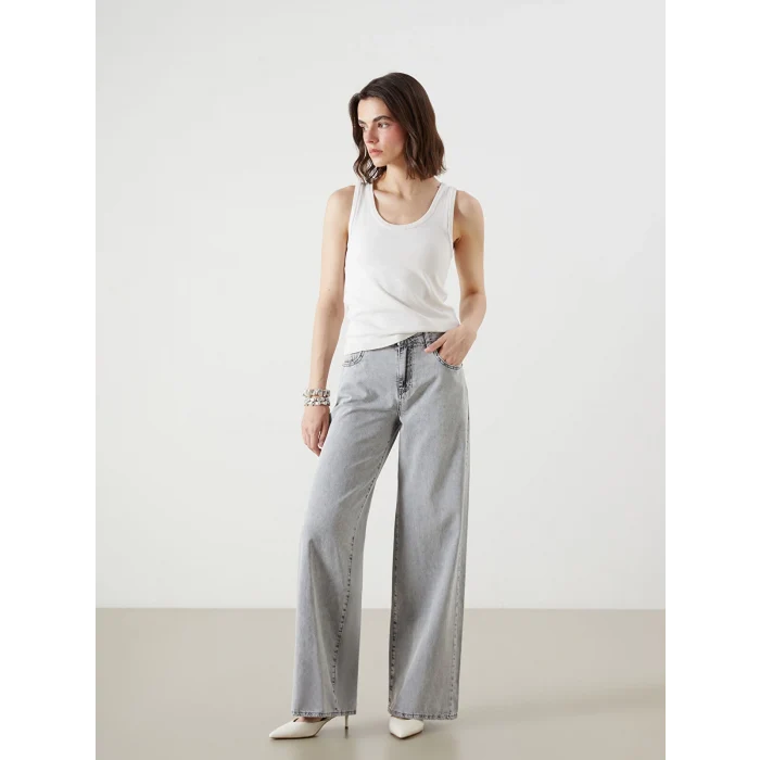 LCW Jeans Gri Wideleg Kadın Jean Pantolon