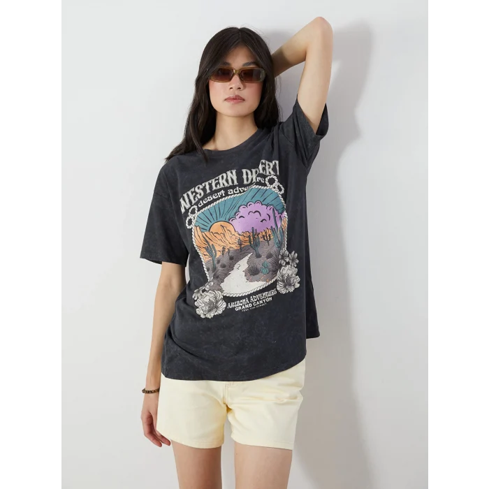 XSIDE Antrasit Bisiklet Yaka Baskılı Kadın Tişört