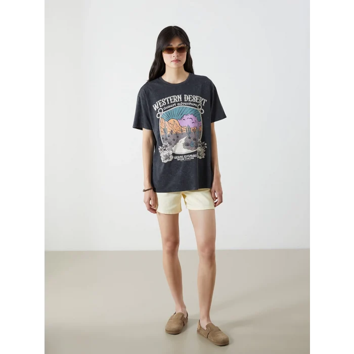 XSIDE Antrasit Bisiklet Yaka Baskılı Kadın Tişört