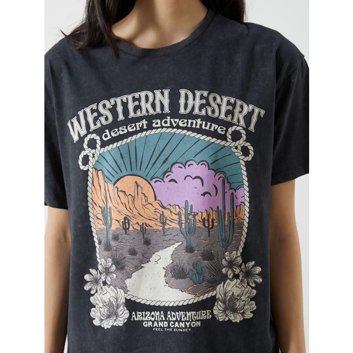 XSIDE Antrasit Bisiklet Yaka Baskılı Kadın Tişört