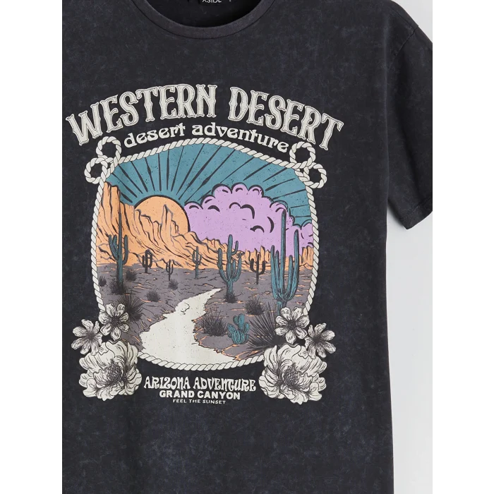 XSIDE Antrasit Bisiklet Yaka Baskılı Kadın Tişört