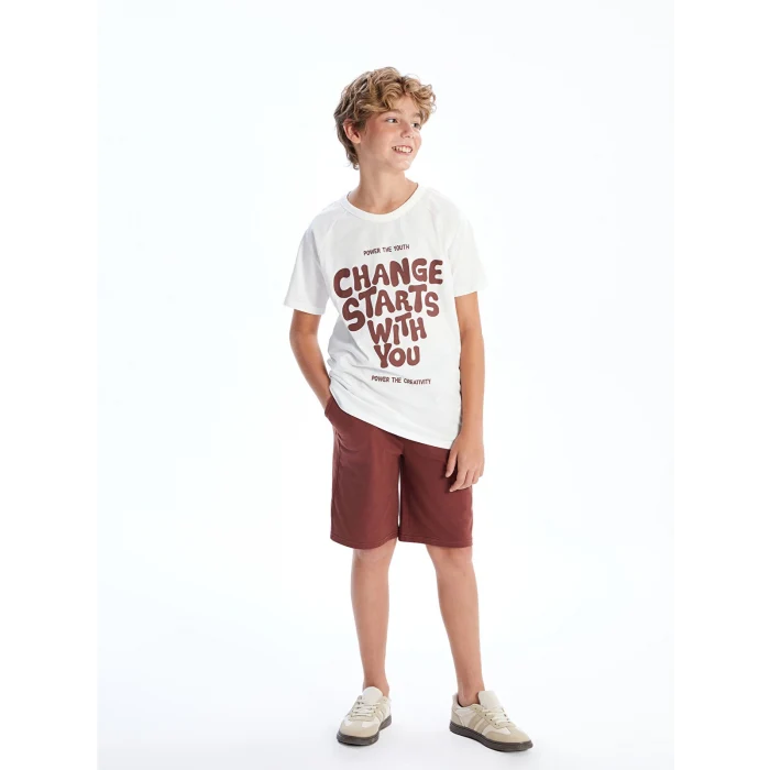 LCW Kids Ekru Bisiklet Yaka Erkek Çocuk Tişört ve Şort