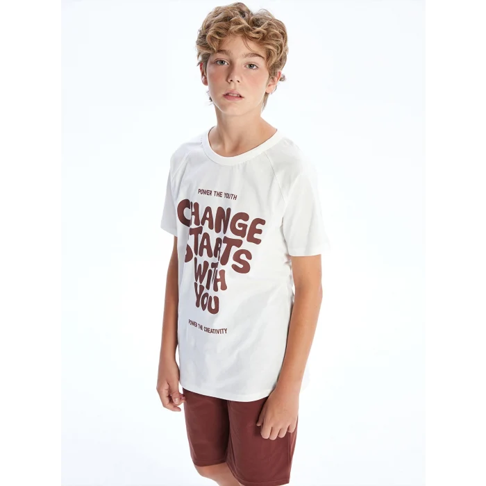 LCW Kids Ekru Bisiklet Yaka Erkek Çocuk Tişört ve Şort