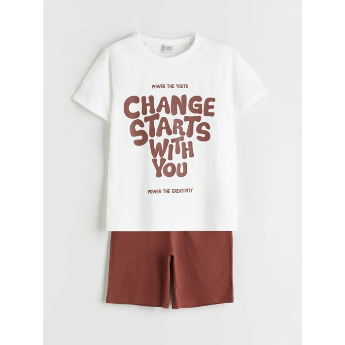 LCW Kids Ekru Bisiklet Yaka Erkek Çocuk Tişört ve Şort