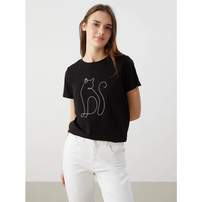 LCWAIKIKI Classic Siyah Bisiklet Yaka Baskılı Kadın Tişört