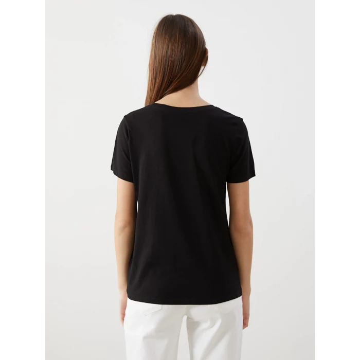 LCWAIKIKI Classic Siyah Bisiklet Yaka Baskılı Kadın Tişört