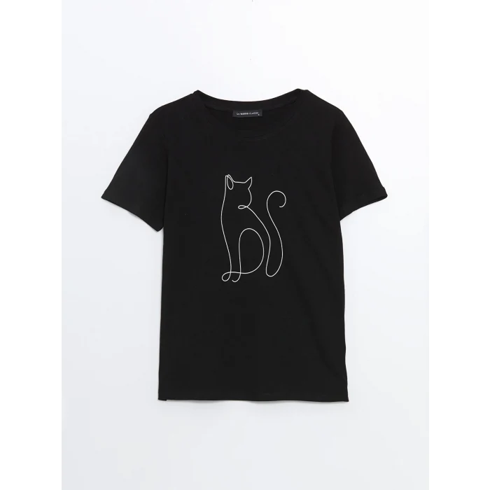 LCWAIKIKI Classic Siyah Bisiklet Yaka Baskılı Kadın Tişört