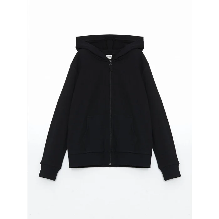 LCW Kids Siyah Kapüşonlu Basic Uzun Kollu Kız Çocuk Fermuarlı Sweatshirt