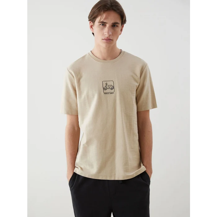 XSIDE Bej Bisiklet Yaka Nakışlı Erkek Tişört