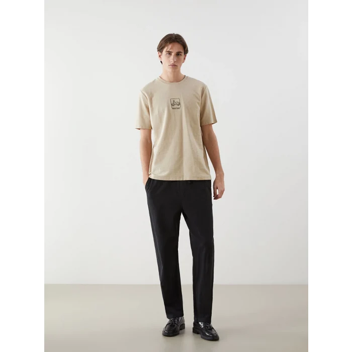 XSIDE Bej Bisiklet Yaka Nakışlı Erkek Tişört