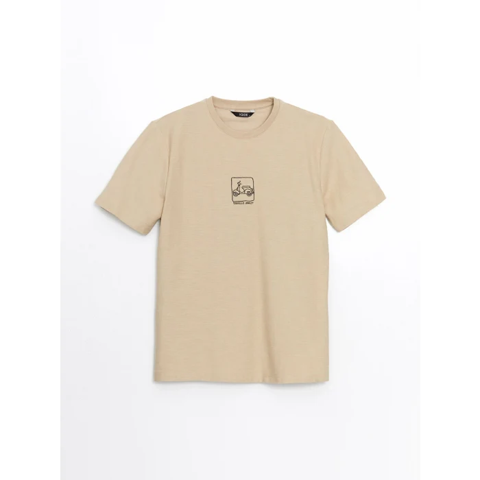 XSIDE Bej Bisiklet Yaka Nakışlı Erkek Tişört