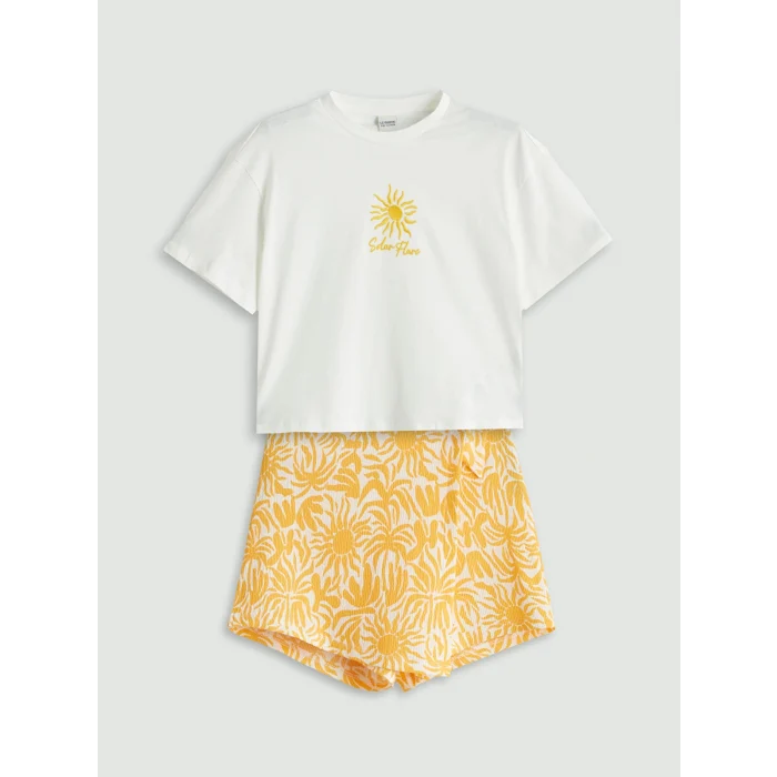 LCW Kids Ekru Bisiklet Yaka Kız Çocuk Tişört ve Şort Etek