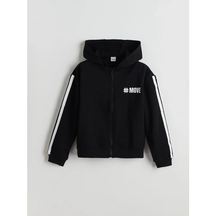 LCW Kids Siyah Kapüşonlu Kız Çocuk Fermuarlı Sweatshirt