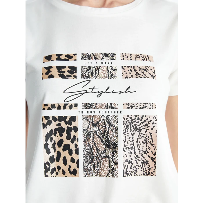 LCWAIKIKI Classic Ekru Bisiklet Yaka Baskılı Kadın Tişört