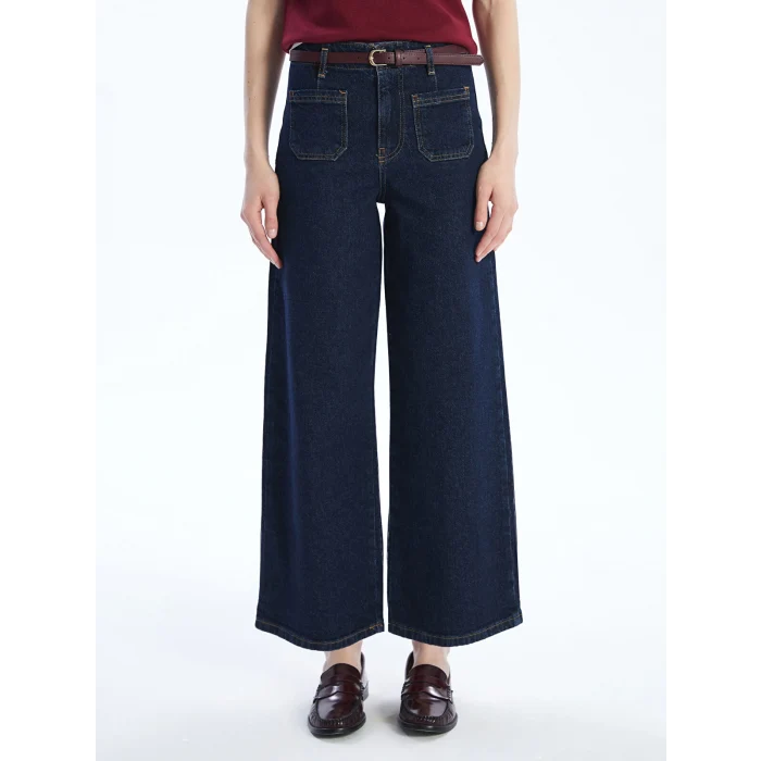 LCW Jeans Indigo Beli Kemerli Wideleg Kadın Jean Pantolon
