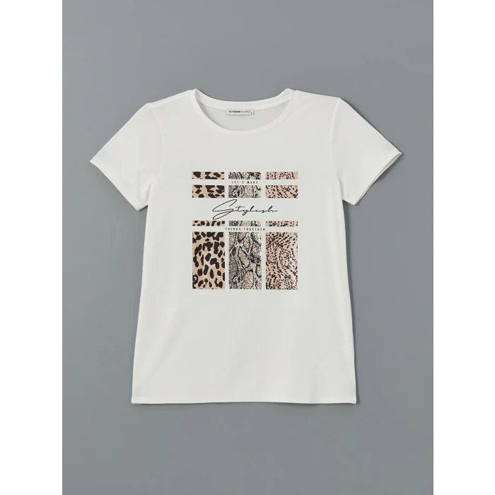 LCWAIKIKI Classic Ekru Bisiklet Yaka Baskılı Kadın Tişört