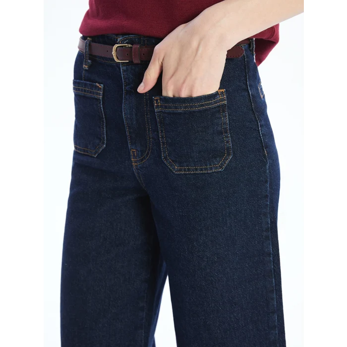 LCW Jeans Indigo Beli Kemerli Wideleg Kadın Jean Pantolon