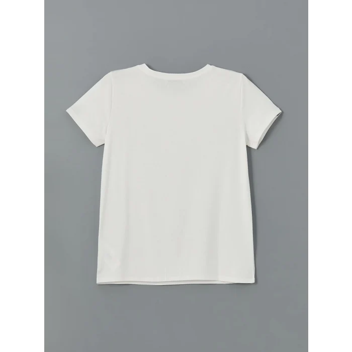 LCWAIKIKI Classic Ekru Bisiklet Yaka Baskılı Kadın Tişört