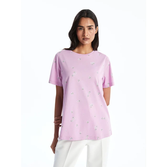 LCWAIKIKI Classic Lila Bisiklet Yaka Desenli Kadın Tişört