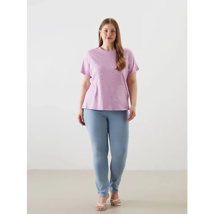 LCWAIKIKI Classic Lila Bisiklet Yaka Desenli Kadın Tişört