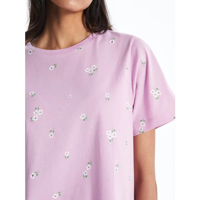 LCWAIKIKI Classic Lila Bisiklet Yaka Desenli Kadın Tişört