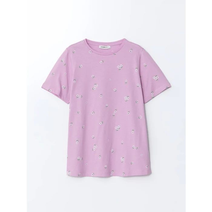 LCWAIKIKI Classic Lila Bisiklet Yaka Desenli Kadın Tişört