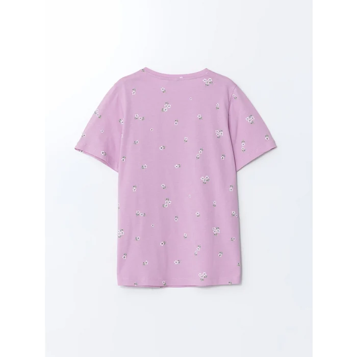 LCWAIKIKI Classic Lila Bisiklet Yaka Desenli Kadın Tişört