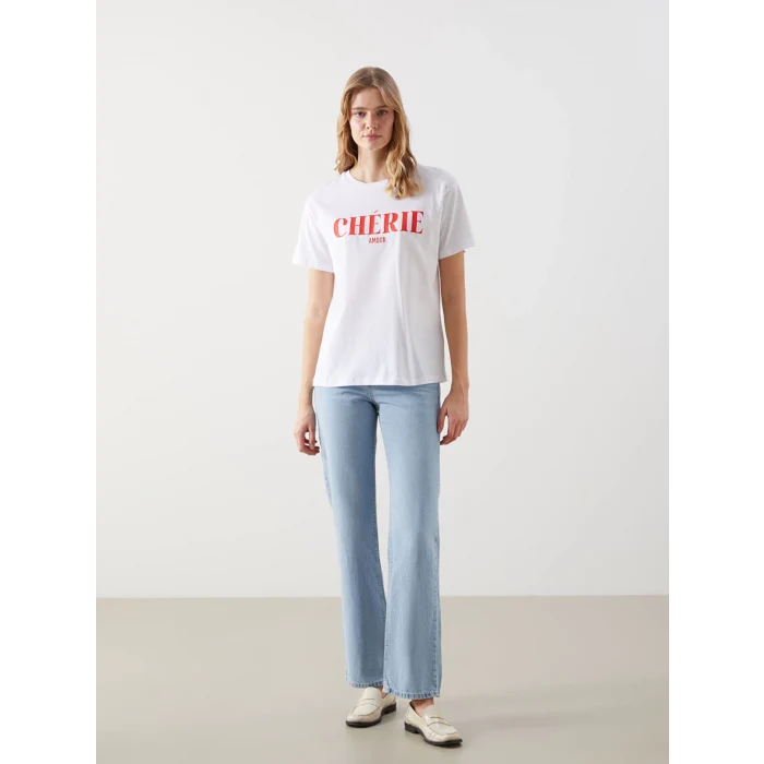 LCW Vision Beyaz Bisiklet Yaka Baskılı Kadın Tişört