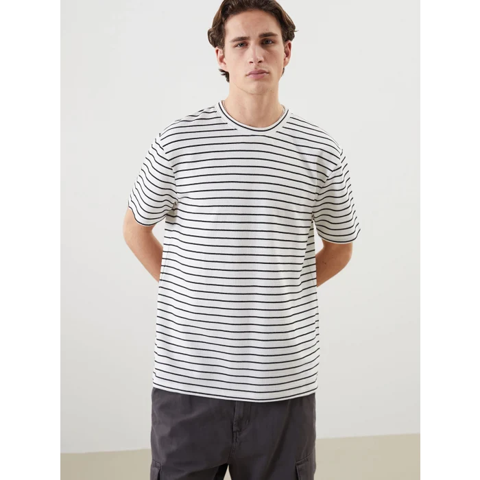 XSIDE Ekru Bisiklet Yaka Kısa Kollu Çizgili Penye Erkek Tişört