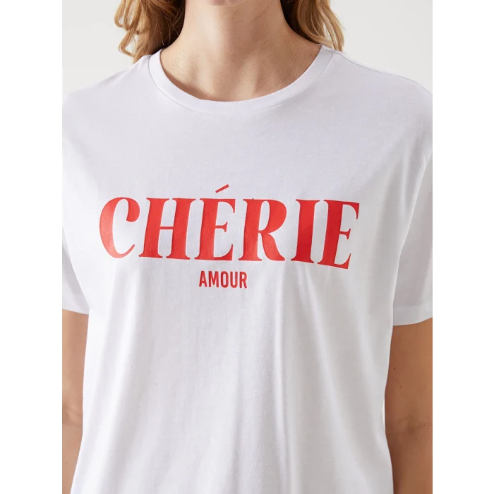 LCW Vision Beyaz Bisiklet Yaka Baskılı Kadın Tişört