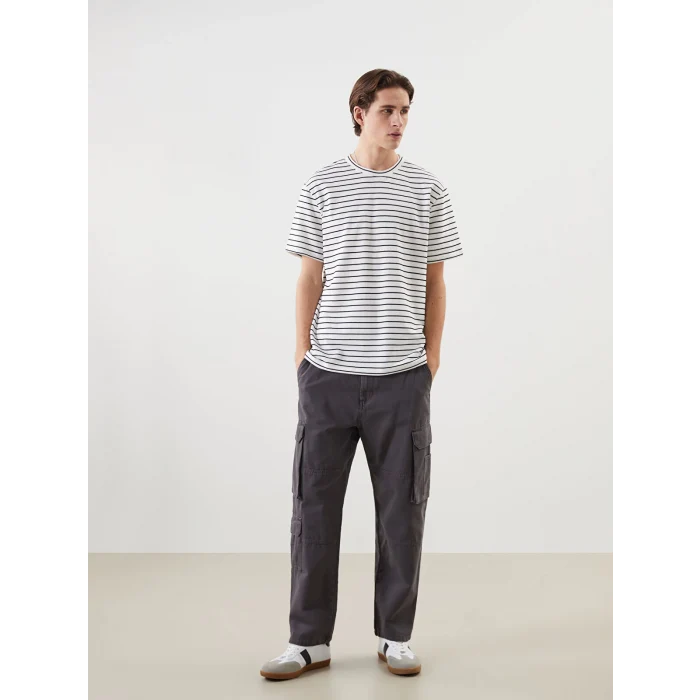 XSIDE Ekru Bisiklet Yaka Kısa Kollu Çizgili Penye Erkek Tişört