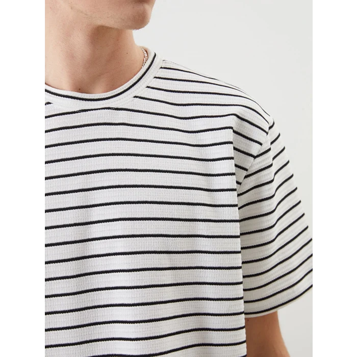 XSIDE Ekru Bisiklet Yaka Kısa Kollu Çizgili Penye Erkek Tişört
